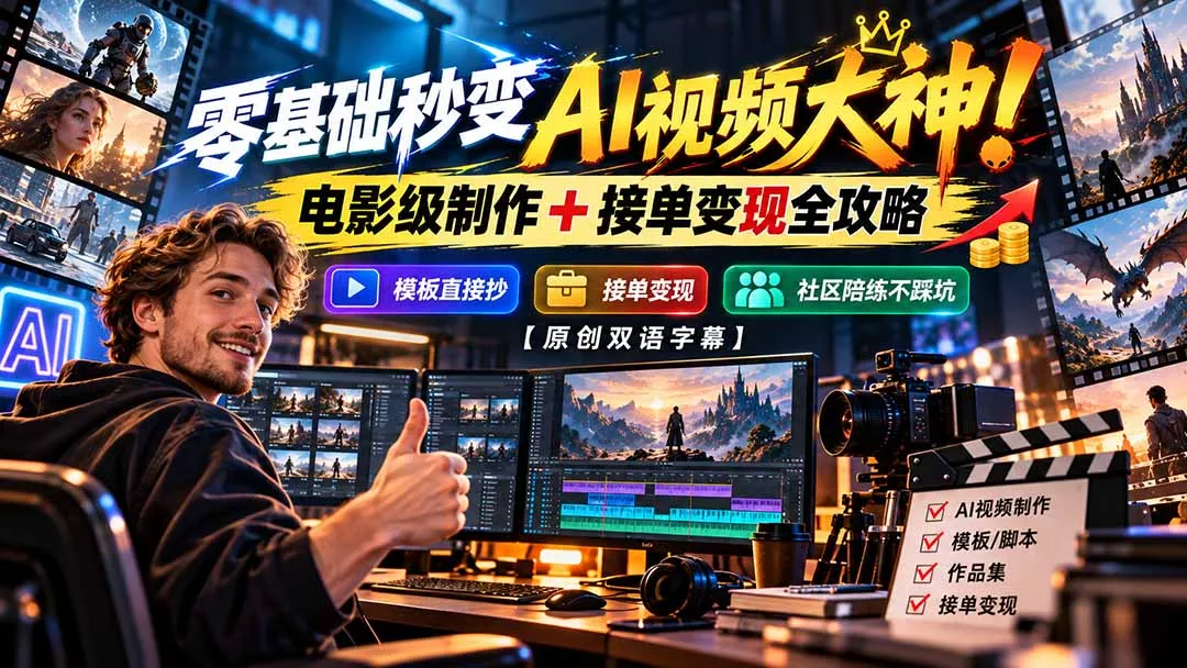 零基础秒变AI视频大神！电影级制作 + 接单变现全攻略，模板直接抄，社区陪练不踩坑【原创双语字幕】 - 来及网络