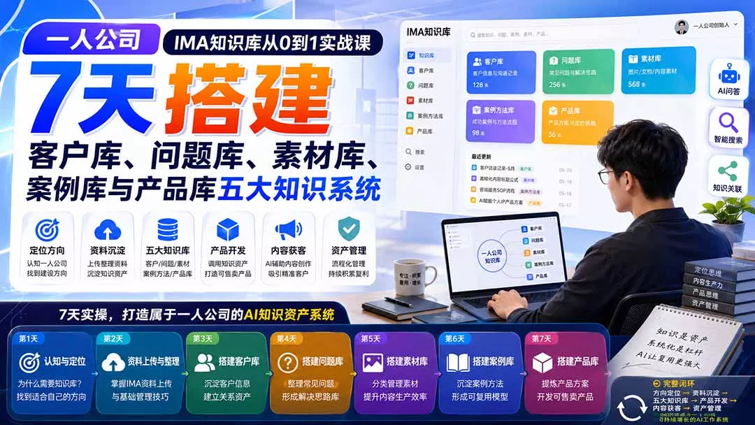 一人公司IMA知识库从0到1实战课：7天搭建客户库、问题库、素材库、案例库与产品库五大知识系统 - 来及网络