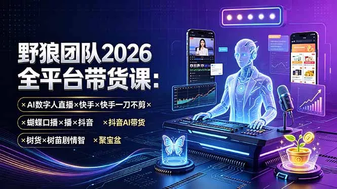 野狼团队2026全平台带货课-7月：AI数字人直播×快手一刀不剪×蝴蝶口播×抖音AI带货×树苗剧情智剪×聚宝盆 - 来及网络