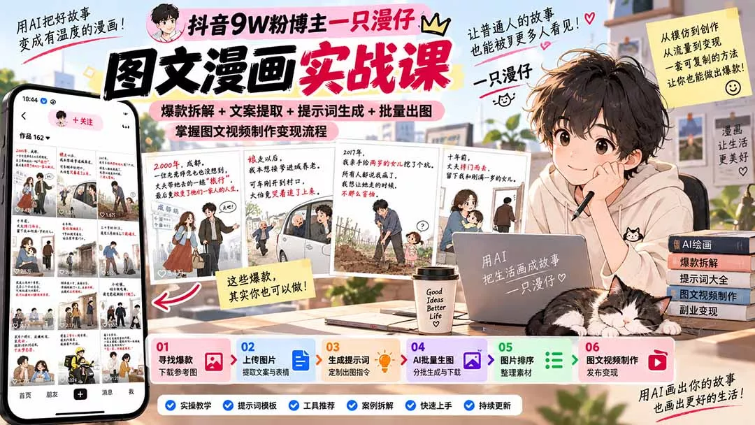 抖音9W粉博主一只漫仔图文漫画课：爆款拆解+文案提取+提示词生成+批量出图，掌握图文视频制作变现流程 - 来及网络