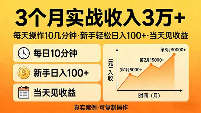 3个月实战收入3万+，每天操作10几分钟，新手轻松日入100+，当天见收益 - 来及网络