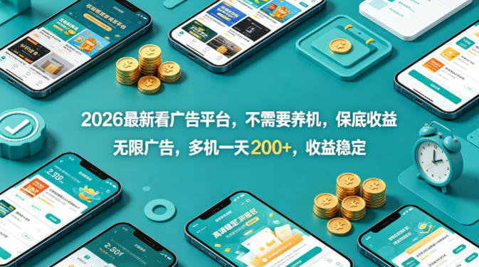2026最新看广告平台，不需要养机，保底收益，无限广告，多机一天200+，收益稳定【揭秘】 - 来及网络