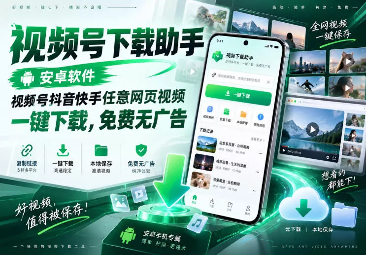 视频号下载助手，安卓软件，视频号抖音快手任意网页视频，一键下载，免费无广告 - 来及网络