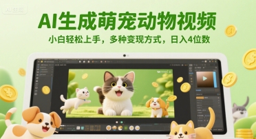 AI生成萌宠动物视频，小白轻松上手，多种变现方式，日入4位数 - 来及网络