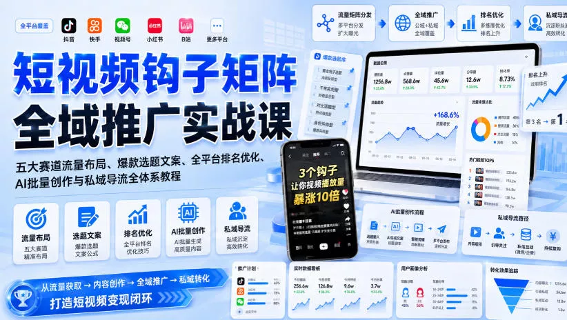 短视频钩子矩阵全域推广实战课｜五大赛道流量布局、爆款选题文案、全平台排名优化、AI批量创作与私域导流全体系教程 - 来及网络