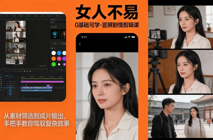 0基础可学！《女人不易》竖屏剧情剪辑课，从素材筛选到成片输出，手把手教你驾驭复杂故事 - 来及网络