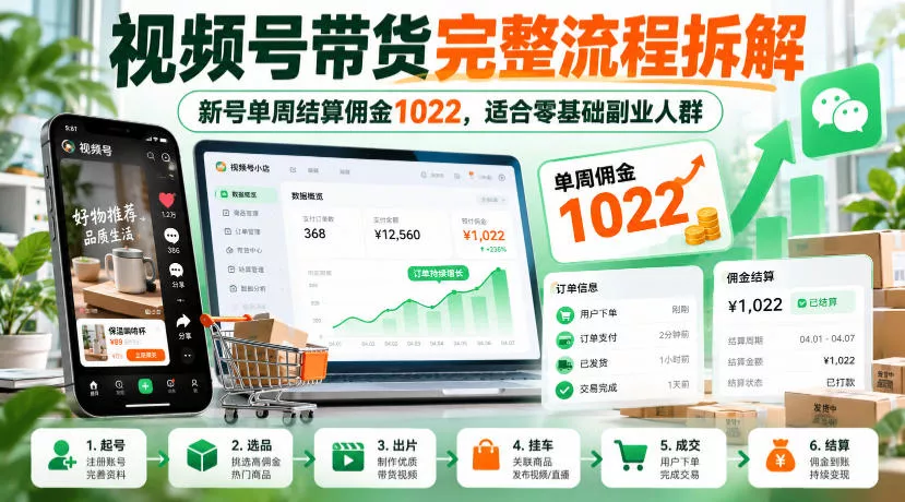 视频号带货完整流程拆解，新号单周结算佣金1022，适合零基础副业人群 - 来及网络