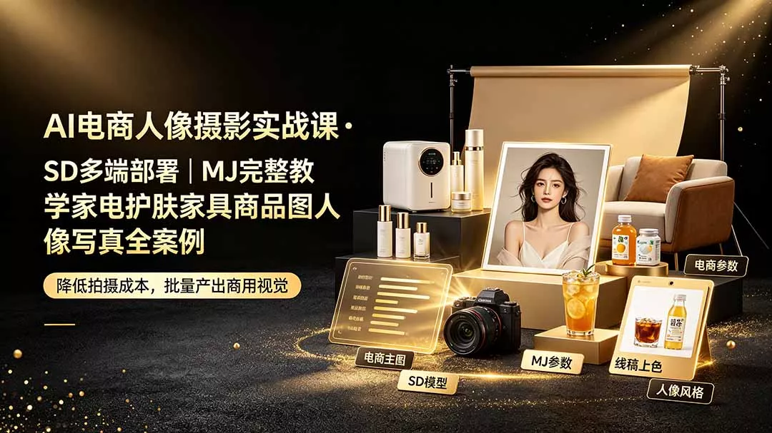 AI电商人像摄影实战课·SD多端部署｜MJ完整教学｜家电护肤家具商品图人像写真全案例 - 来及网络