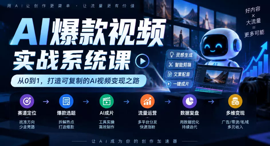 AI爆款视频实战系统课｜赛道定位、爆款选题、AI成片、流量运营、数据复盘、多维变现全链路教学 - 来及网络