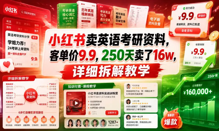 小红书卖英语考研资料，客单价9.9，250天卖了16w，详细拆解教学 - 来及网络
