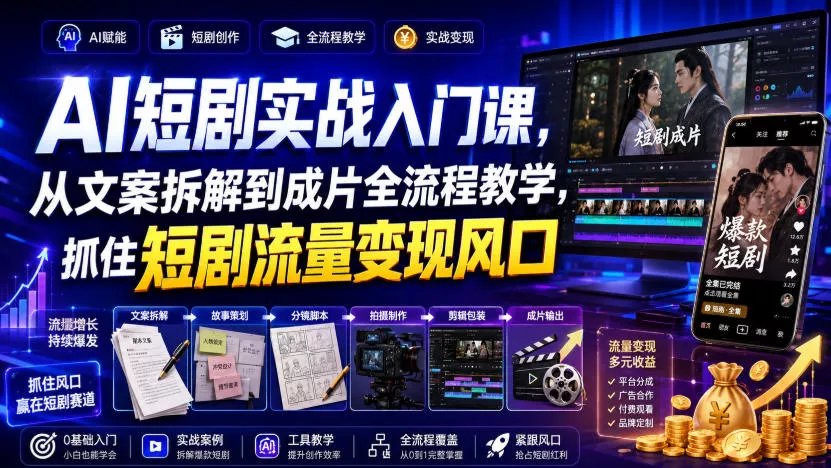 AI短剧实战入门课，从文案拆解到成片全流程教学，抓住短剧流量变现风口 - 来及网络