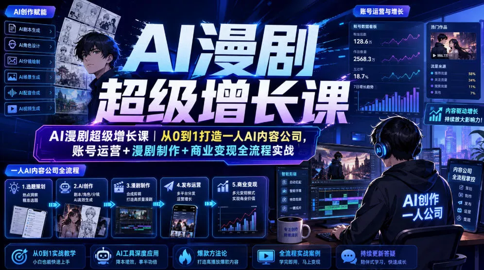 AI漫剧超级增长课｜从0到1打造一人AI内容公司，账号运营+漫剧制作+商业变现全流程实战 - 来及网络