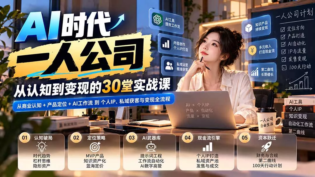 【无水印】AI时代一人公司30堂实战课：从商业认知+产品定位+AI工作流到个人IP、私域获客与变现全流程 - 来及网络