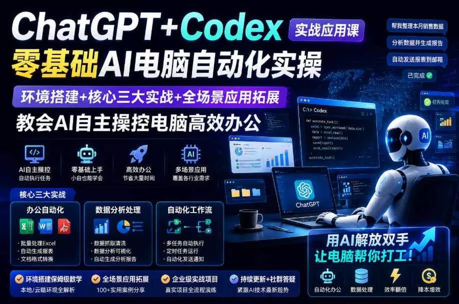 ChatGPT+Codex实战应用课｜零基础AI电脑自动化实操，环境搭建+核心三大实战+全场景应用拓展，教会AI自主操控电脑高效办公 - 来及网络