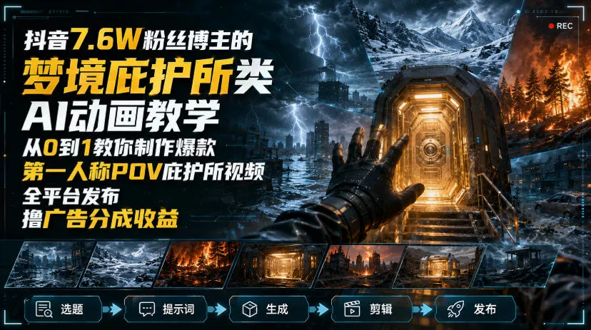 抖音7.6W粉丝博主的梦境庇护所类AI动画教学，从0到1教你制作爆款第一人称POV庇护所视频，全平台发布撸广告分成收益 - 来及网络