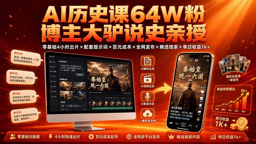 AI历史课64W粉博主大驴说史亲授：零基础4小时出片×配套提示词×百元成本×全网发布×精选独家×单日收益1k+ - 来及网络