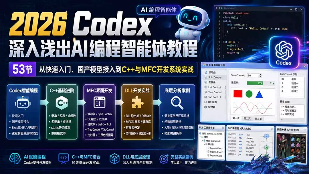 2026 Codex深入浅出AI编程智能体教程：53节从快速入门、国产模型接入到C++与MFC开发系统实战 - 来及网络