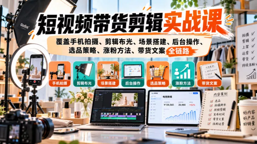 短视频带货剪辑实战课，覆盖手机拍摄、剪辑布光、场景搭建、后台操作、选品策略、涨粉方法、带货文案全链路 - 来及网络