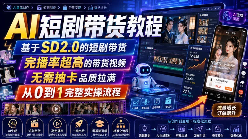 AI短剧带货教程，基于SD2.0的短剧带货，完播率超高的带货视频，无需抽卡品质拉满，从0到1完整实操流程 - 来及网络