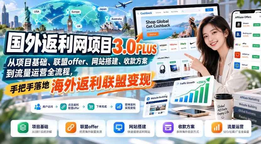 国外返利网项目3.0PLUS，从项目基础、联盟offer、网站搭建、收款方案到流量运营全流程，手把手落地海外返利联盟变现 - 来及网络