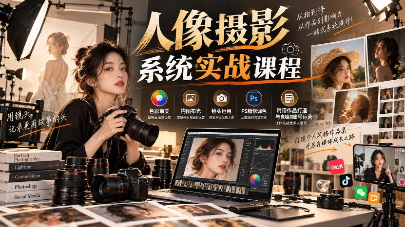 【无水印】人像摄影系统实战课程，色彩审美、构图布光、镜头运用、PS精修调色，附带作品打造与自媒体账号运营 - 来及网络