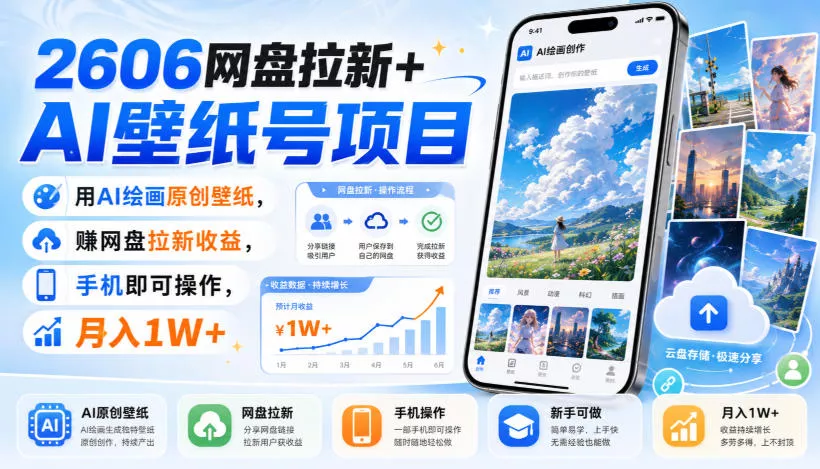 2606网盘拉新+AI壁纸号项目，用AI绘画原创壁纸，賺网盘拉新收益，手机即可操作，月入1W+ - 来及网络