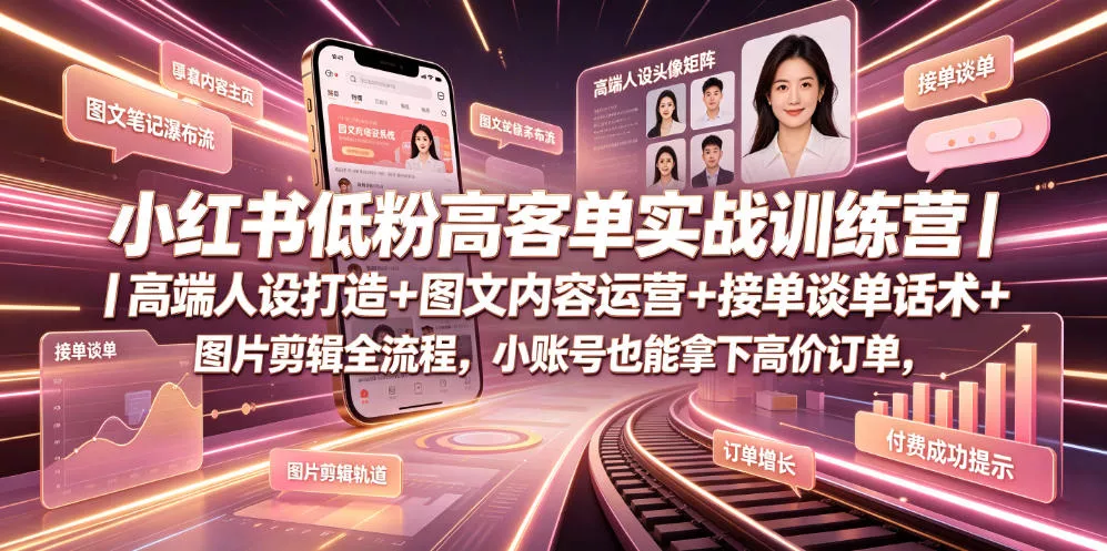 小红书低粉高客单实战训练营｜高端人设打造+图文内容运营+接单谈单话术+图片剪辑全流程，小账号也能拿下高价订单 - 来及网络