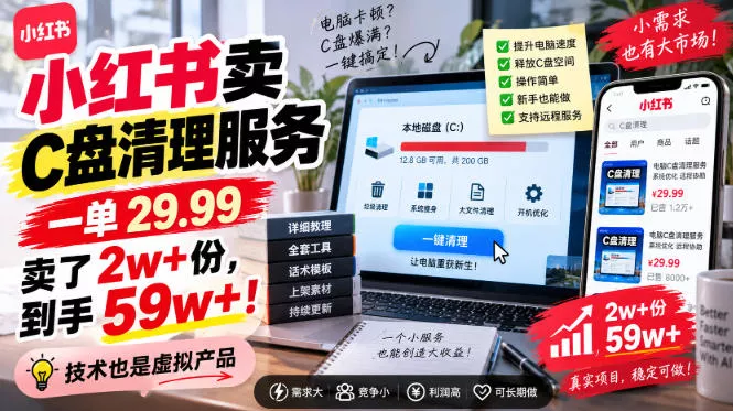 小红书卖C盘清理服务，一单29.99，卖了2w+份，技术也是虚拟产品 - 来及网络