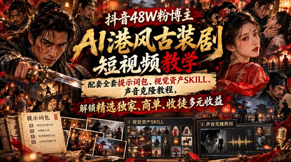 抖音48W粉博主AI港风古装剧短视频教学，配套全套提示词包、视觉资产SKILL、声音克隆教程，解锁精选独家、商单、收徒多元收益 - 来及网络