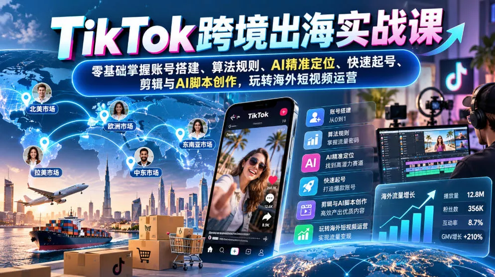 TikTok跨境出海实战课：零基础掌握账号搭建、算法规则、AI精准定位、快速起号、剪辑与AI脚本创作，玩转海外短视频运营 - 来及网络
