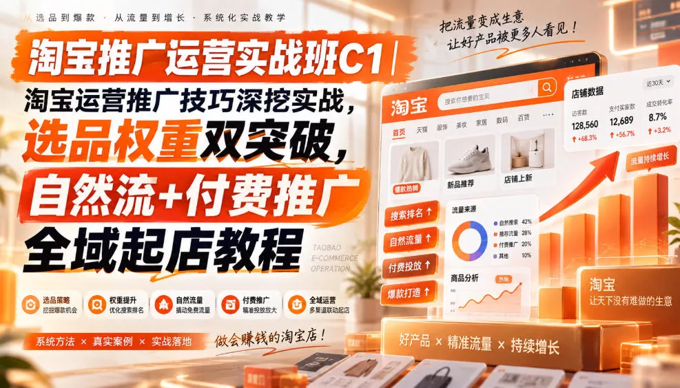 淘宝推广运营实战班C1｜淘宝运营推广技巧深挖实战，选品权重双突破，自然流+付费推广全域起店教程 - 来及网络