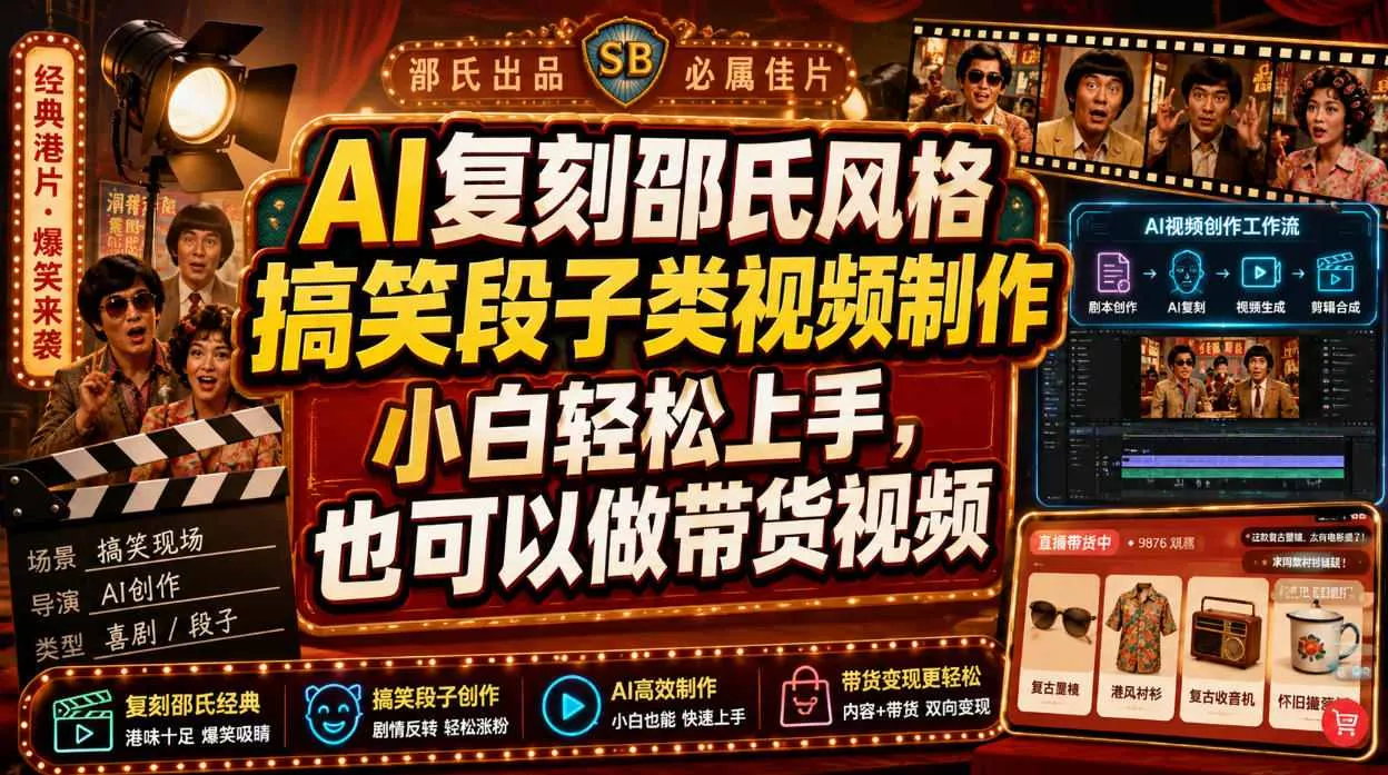 AI复刻邵氏风格搞笑段子类视频制作，小白轻松上手，也可以做带货视频 - 来及网络