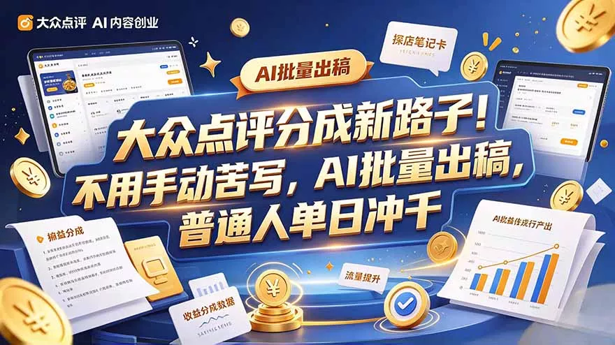 大众点评副业新玩法，工具提效解放双手，批量做笔记，单日可破千 - 来及网络