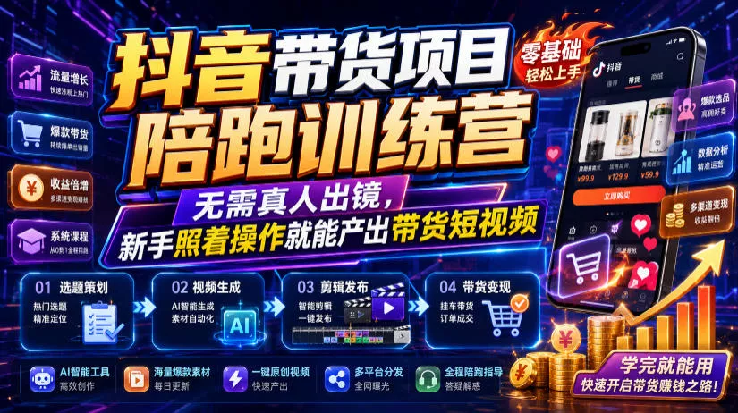 抖音带货项目陪跑训练营，无需真人出镜，新手照着操作就能产出带货短视频(更新0811) - 来及网络