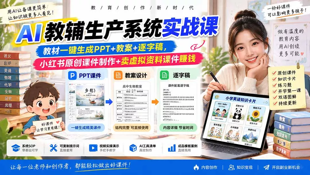 AI教辅生产系统实战课｜教材一键生成PPT+教案+逐字稿，小红书原创课件制作+卖虚拟资料课件赚钱 - 来及网络