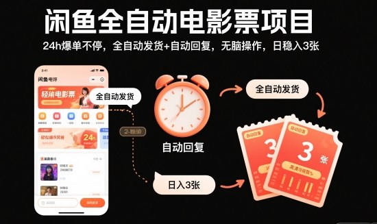 闲鱼全自动电影票项目，24h爆单不停，全自动发货+自动回复，无脑操作，日稳入3张【揭秘】 - 来及网络