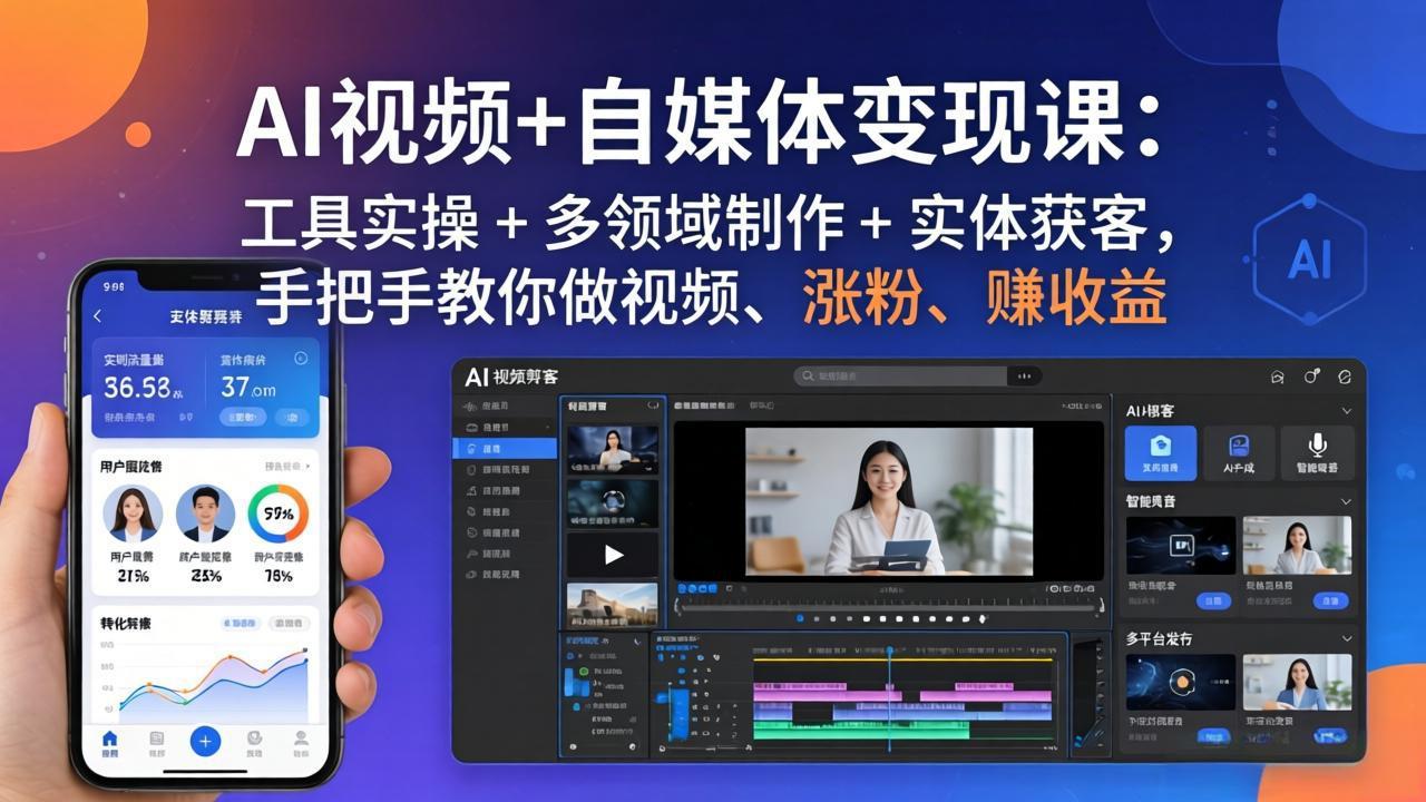 AI视频+自媒体变现课：工具实操 + 多领域制作 + 实体获客，手把手教你做视频、涨粉、赚收益 - 来及网络