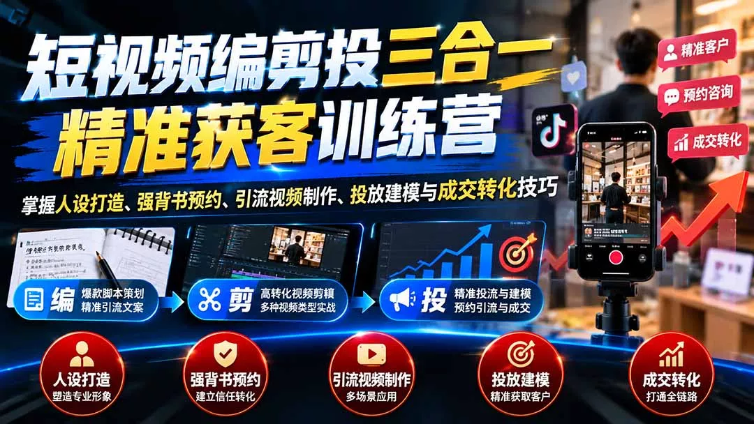 短视频编剪投三合一精准获客训练营：掌握人设打造、强背书预约、引流视频制作、投放建模与成交转化技巧 - 来及网络