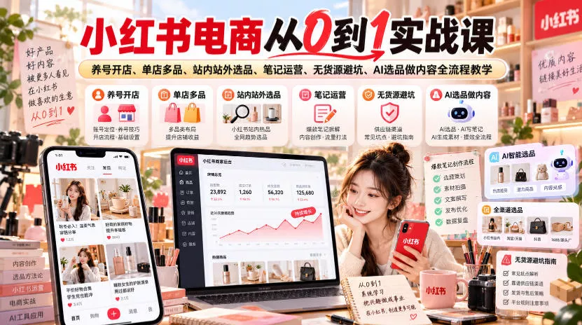 小红书电商从0到1实战课｜养号开店、单店多品、站内站外选品、笔记运营、无货源避坑、AI选品做内容全流程教学 - 来及网络