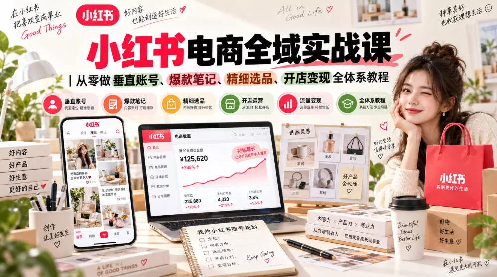 小红书电商全域实战课｜从零做垂直账号、爆款笔记、精细选品、开店变现全体系教程 - 来及网络