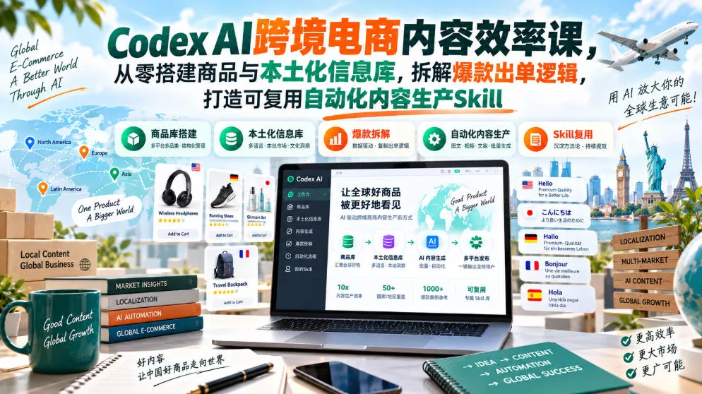 Codex AI跨境电商内容效率课，从零搭建商品与本土化信息库，拆解爆款出单逻辑，打造可复用自动化内容生产Skill - 来及网络