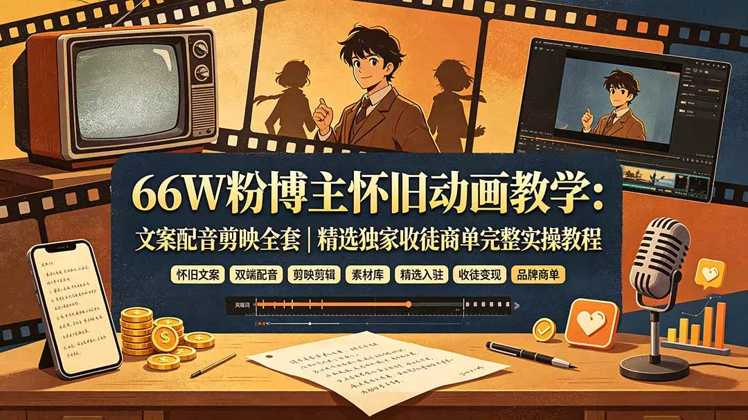 66W粉博主怀旧动画教学：文案配音剪映全套｜精选独家收徒商单完整实操教程 - 来及网络