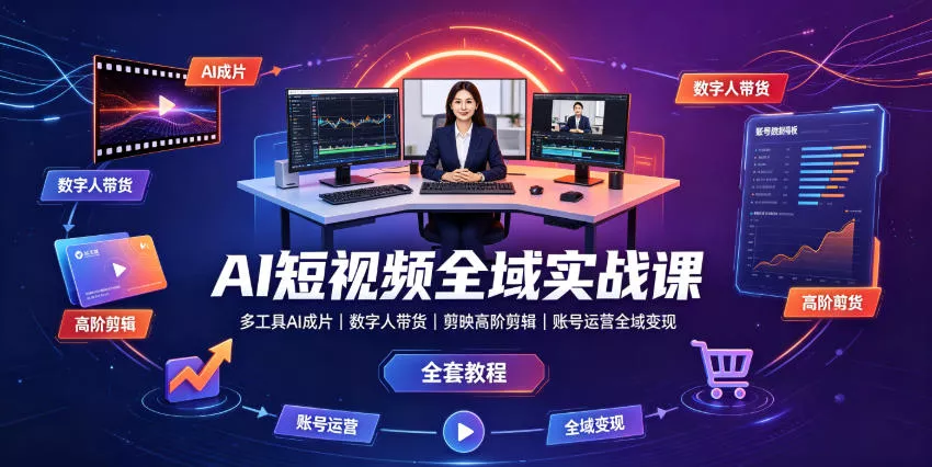 AI短视频全域实战课｜多工具AI成片、数字人带货、剪映高阶剪辑、账号运营全域变现全套教程 - 来及网络