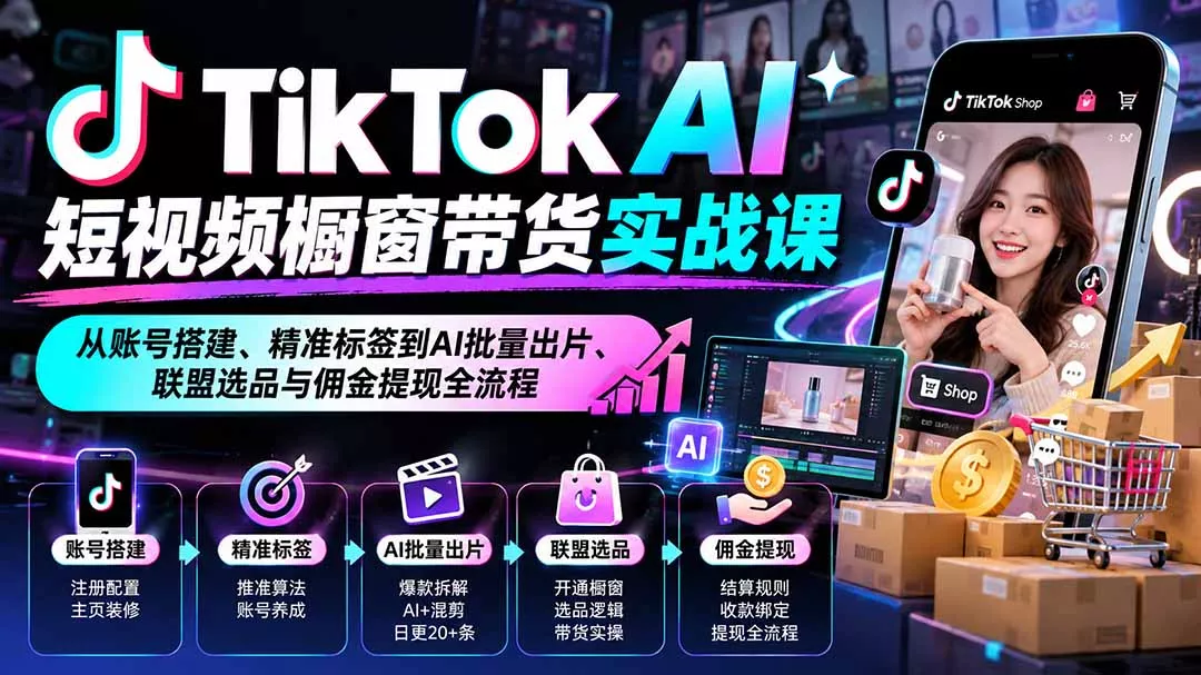 TikTok AI短视频橱窗带货实战课：从账号搭建、精准标签到AI批量出片、联盟选品与佣金提现全流程 - 来及网络
