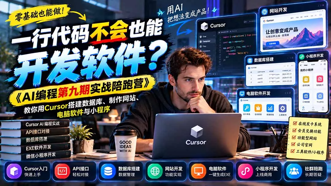 一行代码不会也能开发软件？《AI编程第九期实战陪跑营》教你用Cursor搭建数据库、制作网站、电脑软件与小程序 - 来及网络