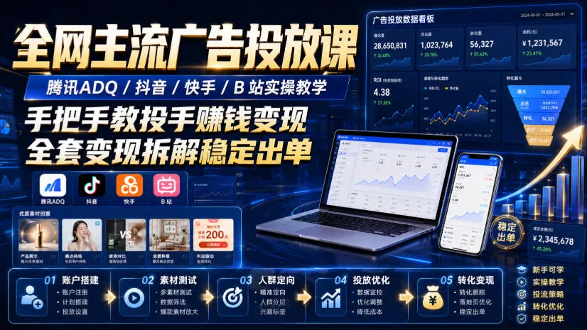 全网主流广告投放课，腾讯ADQ / 抖音 / 快手 / B 站实操教学，手把手教投手赚钱变现，全套变现拆解稳定出单 - 来及网络