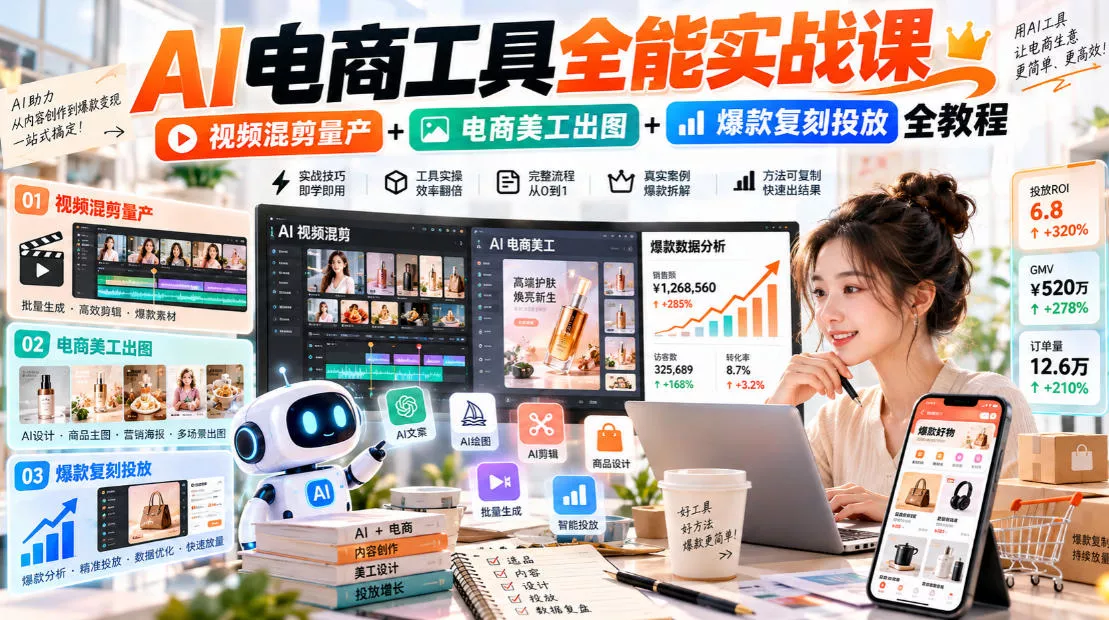 AI电商工具全能实战教学，视频混剪量产+电商美工出图+爆款复刻投放全教程 - 来及网络