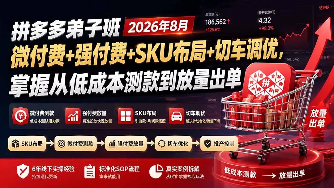 拼多多弟子班2026年8月：微付费+强付费+SKU布局+切车调优，掌握从低成本测款到放量出单 - 来及网络