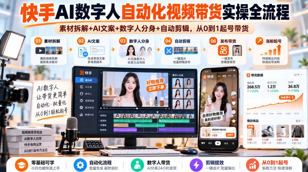 快手AI数字人自动化视频带货实操全流程｜素材拆解+AI文案+数字人分身+自动剪辑，从0到1起号带货(更新26年) - 来及网络