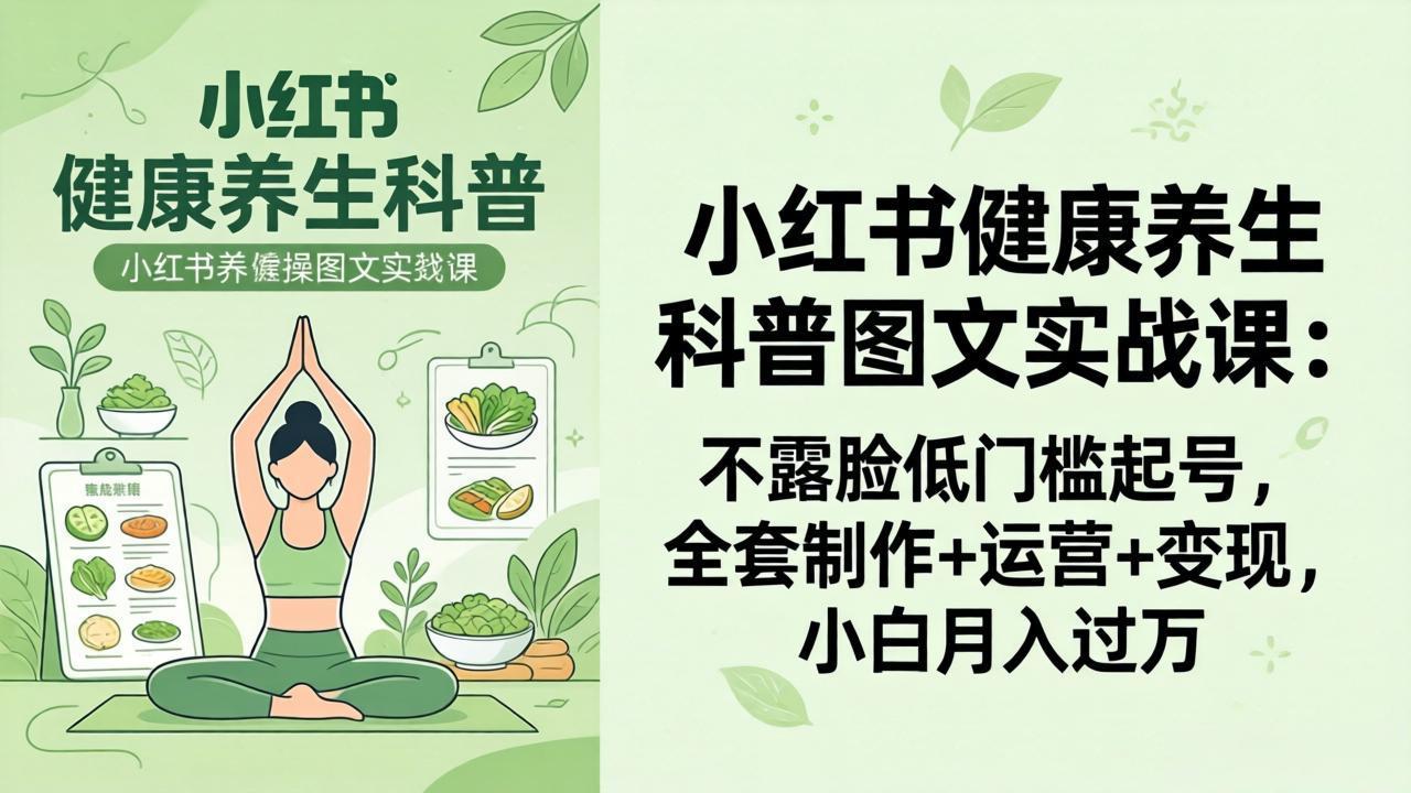 2026小红书健康养生科普图文实战课：不露脸低门槛起号，全套制作+运营+变现，小白月入过万 - 来及网络